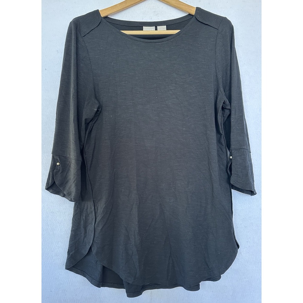 Chico's Tunic Top Zenergy Tulip Sleeve Womens M Black Excellent